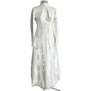 Vintage 60s 70s Satin Wedding Dress XS/S Lace Pearls Flare